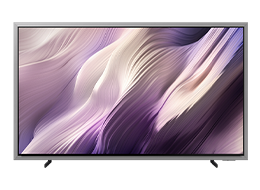 TV Samsung OLED S95H mostra paisagem abstrata branca com tons roxos no ecrã.
