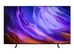 TV Samsung OLED S85H mostra paisagem abstrata em tons de azul e vermelho no ecrã.