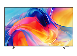 TV Samsung Mini LED M70H mostra design abstrato em azul, vermelho e laranja no ecrã.