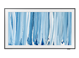 TV Samsung The Frame Pro LS03HW mostra obra de arte abstrata em tons de azul e branco no ecrã.