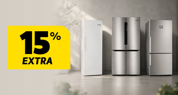 15% Extra em Todos Frigoríficos, Combinados e Arcas Livre Instalação Bosch. 12 a 18 de maio de 2026. 15% Extra em Todos Frigoríficos, Combinados e Arcas Livre Instalação Bosch. 12 a 18 de maio de 2026.