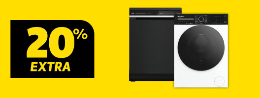 20% Desconto Extra em Máquinas de Roupa e Louça Whirlpool. 01 a 14 de julho de 2026.