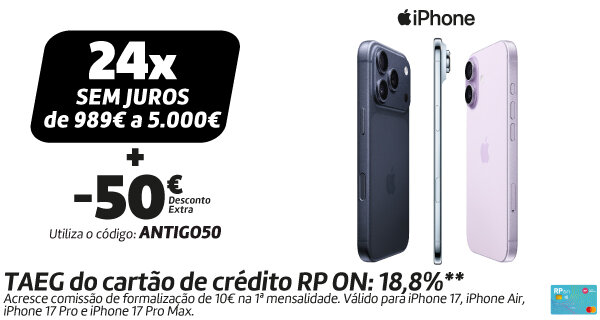 24x Sem Juros de 989€ a 5.000€ + 50€ Desconto Extra em iPhone 17. Válido 09 a 14 dezembro de 2025. 24x Sem Juros de 989€ a 5.000€ + 50€ Desconto Extra em iPhone 17. Válido 09 a 14 dezembro de 2025.