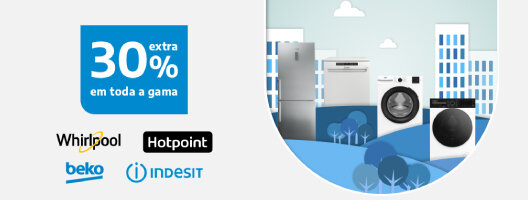 30% Extra Toda Whirlpool, Hotpoint, Beko e Indesit. Utiliza o código: WHIRLPOOL30. 17 a 19 abril de 2026.