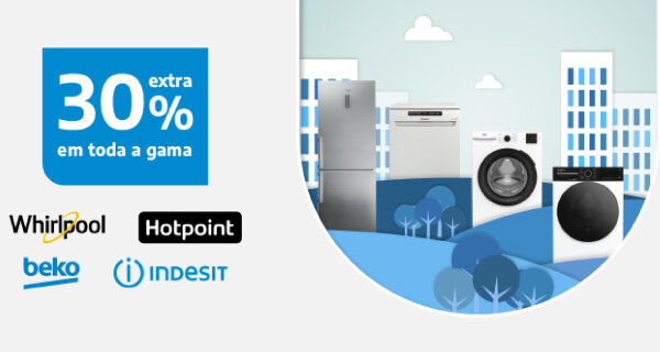 30% Desconto Extra Toda Whirlpool, Hotpoint, Beko e Indesit. Utiliza o código: WHIRLPOOL30. 17 a 19 abril de 2026.