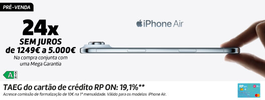 Pré-Venda iPhone Air. Até 24x Sem Juros na compra conjunta com a mega garantia. Disponível a 19 setembro.