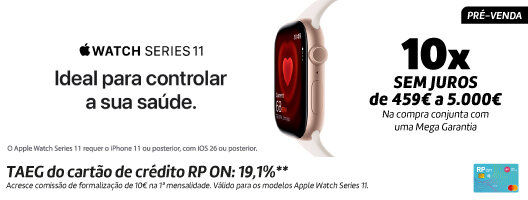 Lançamento Apple Watch Serie 11. Disponível a 19 setembro de 2025. O Apple Watch Series 11 requer o iPhone 11 ou posterior.