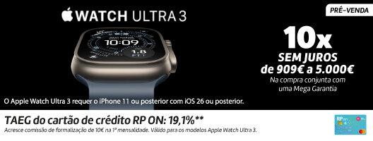 Lançamento Apple Watch Ultra 3. Disponível a 19 setembro de 2025. O Apple Watch Ultra 3 requer o iPhone 11 ou posterior.