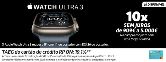 Já Disponível Apple Watch Ultra 3 com 10x Sem Juros. Válido de 19 setembro a 02 novembro de 2025