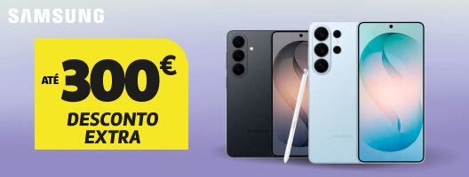 Até 300€ desconto extra em smartphones samsung galaxy s26 series. Utiliza o código: SAMS100 | SAMS200 | SAMS300. 04 a 17 maio