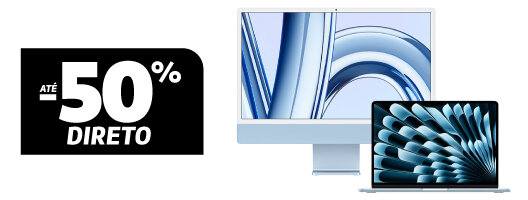 Até 50% Desconto Direto Macbook e iMac. Válido 29 outubro a 30 novembro de 2025. 