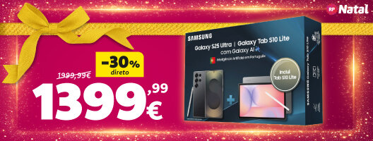 Galaxy S25 Ultra + Tab S10 Lite a 1399,99€ com 30% Desconto Direto. Válido 04 a 31 de dezembro de 2025.