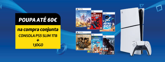 Poupa até 60€ na compra conjunta da Consola PS5 Slim 1TB + 1 Jogo. Válido de 26 maio a 30 junho de 2026. Poupa até 60€ na compra conjunta da Consola PS5 Slim 1TB + 1 Jogo. Válido de 26 maio a 30 junho de 2026.