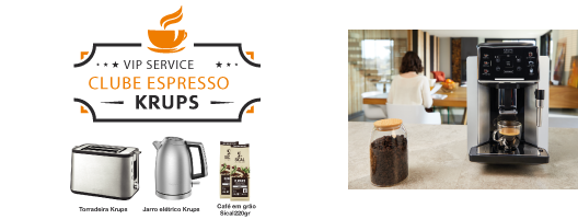 Oferta Boas Vindas Clube no valor de até 160€ sobre PVPr na compra de Máquinas Automáticas Krups. 01 janeiro a 28 fevereiro