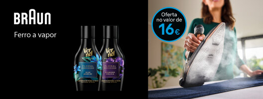 Oferta 2 intensificadores Vernel na compra de um Ferro Vapor Braun. Válido de 15 julho a 31 agosto de 2026. Oferta 2 intensificadores Vernel na compra de um Ferro Vapor Braun. Válido de 15 julho a 31 agosto de 2026.