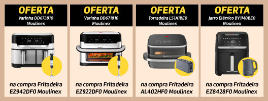 Oferta de um produto Moulinex selecionado na compra de uma Fritadeira Moulinex. Válido de 10 a 19 julho de 2026. Oferta de um produto Moulinex selecionado na compra de uma Fritadeira Moulinex. Válido de 10 a 19 julho de 2026.