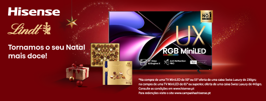 Ganhe Bombons de Chocolate Lindt Swiss Luxury na compra Tv Hisense MiniLed. Válido de 01 a 31 dezembro de 2025. Ganhe Bombons de Chocolate Lindt Swiss Luxury na compra Tv Hisense MiniLed. Válido de 01 a 31 dezembro de 2025.
