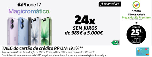 Já Disponível iPhone 17 com 24x Sem Juros. Válido 19 setembro a 05 outubro de 2025.