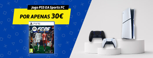 Leva o Jogo PS5 EA Sports FC por apenas 30€ na compra de Consolas, Comandos ou Acessórios PS5. 26 de fevereiro a 15 de março.