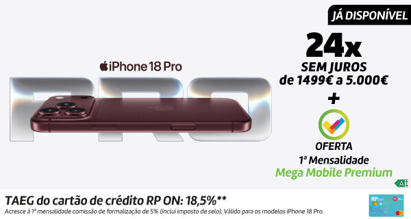 Já Disponível iPhone 18 Pro. 24x Sem Juros + Oferta 1ª Mensalidade. 18 a 30 de setembro de 2026. Já Disponível iPhone 18 Pro. 24x Sem Juros + Oferta 1ª Mensalidade. 18 a 30 de setembro de 2026.