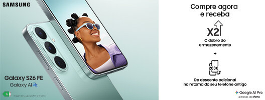 Lançamento Samsung S26 FE - Recebe o dobro do armazenamento. Válido de 27 agosto às 14h a 27 setembro de 2026. Lançamento Samsung S26 FE - Recebe o dobro do armazenamento. Válido de 27 agosto às 14h a 27 setembro de 2026.