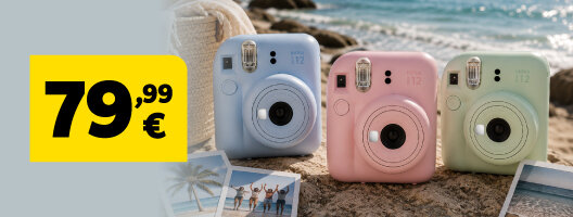 Máquinas Fotográficas Instax Mini 12 a 79,99€. Válido de 25 junho a 31 agosto de 2026.