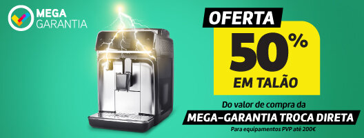 Oferta 50% em Talão do valor da compra da Mega-Garantia Troca Direta para equipamentos PVP até 200€. Válido 03 a 24 dezembro.