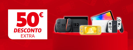 50€ Desconto Extra em Todas as Consolas Nintendo Switch e Switch 2. Válido de 06 a 12 julho de 2026. 50€ Desconto Extra em Todas as Consolas Nintendo Switch e Switch 2. Válido de 06 a 12 julho de 2026.