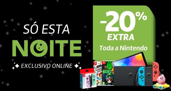 20% Desconto Extra em Toda a Nintendo. Válido das 22h de 25 janeiro às 10h de 26 janeiro de 2026. 20% Desconto Extra em Toda a Nintendo. Válido das 22h de 25 janeiro às 10h de 26 janeiro de 2026.
