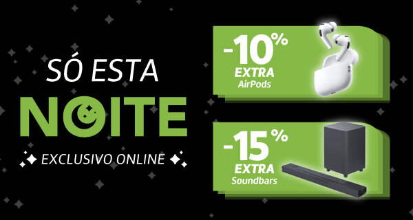 15 % Desconto Extra Soundbars. 10% Desconto Extra AirPods. Válido das 22h de 27 janeiro às 10h de 28 janeiro de 2026. 15 % Desconto Extra Soundbars. 10% Desconto Extra AirPods. Válido das 22h de 27 janeiro às 10h de 28 janeiro de 2026.