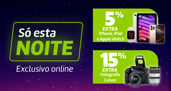 Só esta Noite! 5% Desconto Extra em iPhone, iPad e Apple Watch. 15% Desconto Extra em Fotografia Canon. Só esta Noite! 5% Desconto Extra em iPhone, iPad e Apple Watch. 15% Desconto Extra em Fotografia Canon.