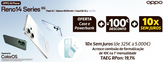 Lançamento OPPO Reno14 Series. Oferta Case e Powerbank + Até 100€ Desconto + 10x Sem Juros. Válido de 01 a 28 agosto de 2025. Lançamento OPPO Reno14 Series. Oferta Case e Powerbank + Até 100€ Desconto + 10x Sem Juros. Válido de 01 a 28 agosto de 2025.