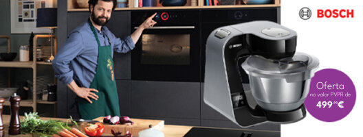 Oferta de um Robô de Cozinha Serie 4 na compra de um forno e placa Bosch. 15 fevereiro a 15 abril. Consulta condições. 