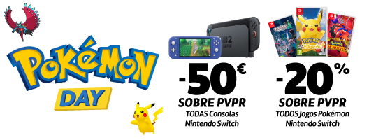 Menos 50€ sobre PVPR em todas as consolas Nintendo. Menos 20% sobre PVPR em todos os jogos Pokemon Nintendo Menos 50€ sobre PVPR em todas as consolas Nintendo. Menos 20% sobre PVPR em todos os jogos Pokemon Nintendo