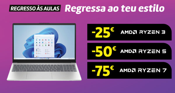 Até 75€ Desconto Direto em Portáteis com Processador AMD Ryzen. Válido de 02 a 11 setembro de 2025.