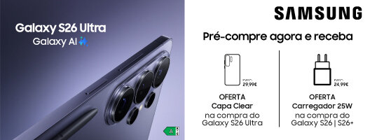 Samsung Galaxy S26 Ultra. Galaxy AI. Oferta Capa Clear ou Carregador 25W. 27 de fevereiro a 10 de março de 2026.