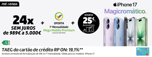 24x Sem Juros na Pré-Venda iPhone 17 | iPhone Air | iPhone 17 Pro | iPhone 17 Pro Max. Válido 12 a 18 setembro de 2025.