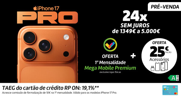 24x Sem Juros na Pré-Venda iPhone 17 | iPhone Air | iPhone 17 Pro | iPhone 17 Pro Max. Válido 12 a 18 setembro de 2025.