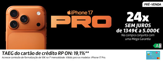 iPhone 17 Pro. Até 24x Sem Juros na compra conjunta com uma Mega Garantia. Disponível a 19 setembro de 2025.