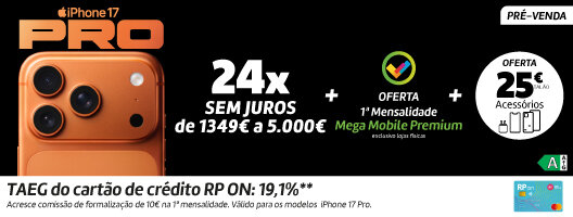 iPhone 17 Pro. Até 24x Sem Juros na compra conjunta com uma Mega Garantia. Disponível a 19 setembro de 2025.