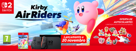 Oferta de Autocolantes Stickers na Compra do Jogo Kirby Air Riders . Válido de 22 outubro a 31 dezembro de 2025.