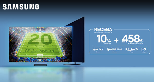 Receba na pré-compra de uma TV ou Coluna Music, 10% Desconto + até 458€ streaming. Válido de 04 a 31 maio de 2026.