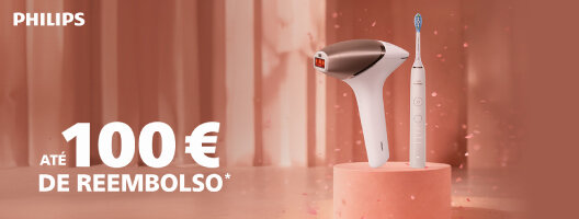 A sua pele, o seu sorriso, o seu momento. Até 100€ de Reemsolso Philips.