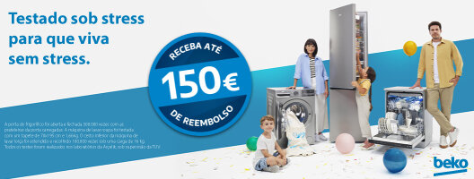 Até 150€ de Reembolso na compra de um Frigorífico, Máquina de Lavar Roupa e Louça Beko. Válido de 01 junho a 19 julho de 2026