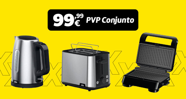 Especial conjunto Braun - Torradeira, Jarro Elétrico e Torradeira a 99,99€ conjunto. Válido de 18 a 25 fevereiro de 2026. Especial conjunto Braun - Torradeira, Jarro Elétrico e Torradeira a 99,99€ conjunto. Válido de 18 a 25 fevereiro de 2026.