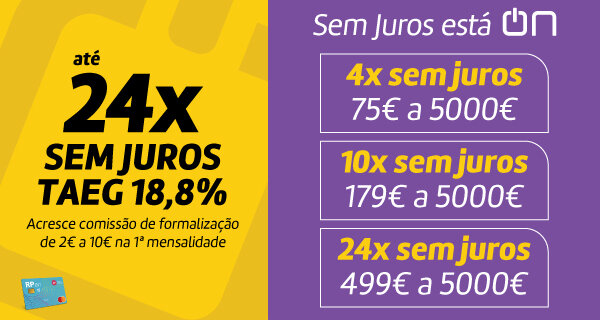 Até 24x Sem Juros. TAEG 18,8%. Sem Juros está ON. Válido de 09 a 23 outubro de 2025. Até 24x Sem Juros. TAEG 18,8%. Sem Juros está ON. Válido de 09 a 23 outubro de 2025.