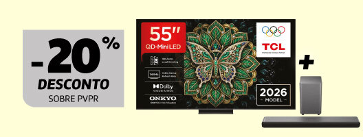 20% Desconto Sobre PVPr na compra conjunta TV TCL 55C6K PRO + Soundbar S55HE TCL. Válido de 07 a 21 outubro de 2026. 20% Desconto Sobre PVPr na compra conjunta TV TCL 55C6K PRO + Soundbar S55HE TCL. Válido de 07 a 21 outubro de 2026.
