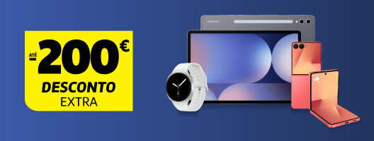 Até 200€ Desconto Extra em Tablets, Smartphones e Smartwatches Samsung. Válido de 09 de fevereiro a 01 de março de 2026.