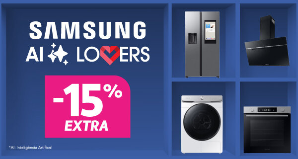 Samsung AI Lovers. 15% Desconto Extra em Todos Grandes Eletrodomésticos Samsung. 15 a 27 de abril de 2026. Samsung AI Lovers. 15% Desconto Extra em Todos Grandes Eletrodomésticos Samsung. 15 a 27 de abril de 2026.