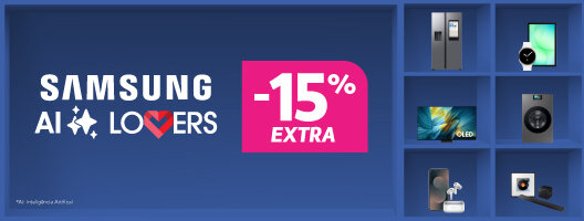 Samsung AI Lovers. 15% Desconto Extra em Toda Samsung. 21 a 27 de abril de 2026.